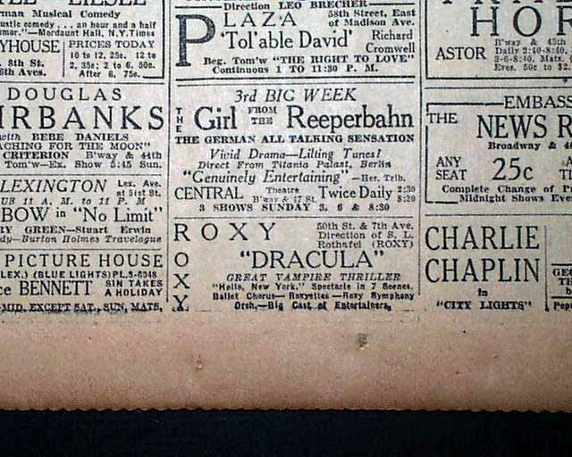 1931 Dracula Opening Day Review RareNewspapers