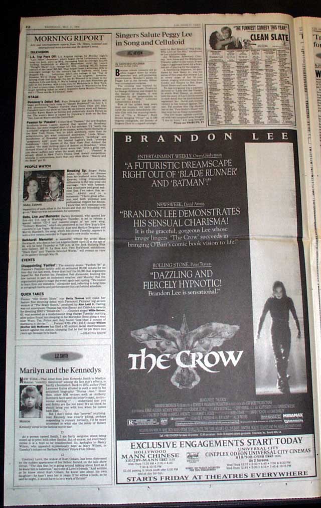 The Crow Brandon Lee Film Premier And Review Rarenewspapers