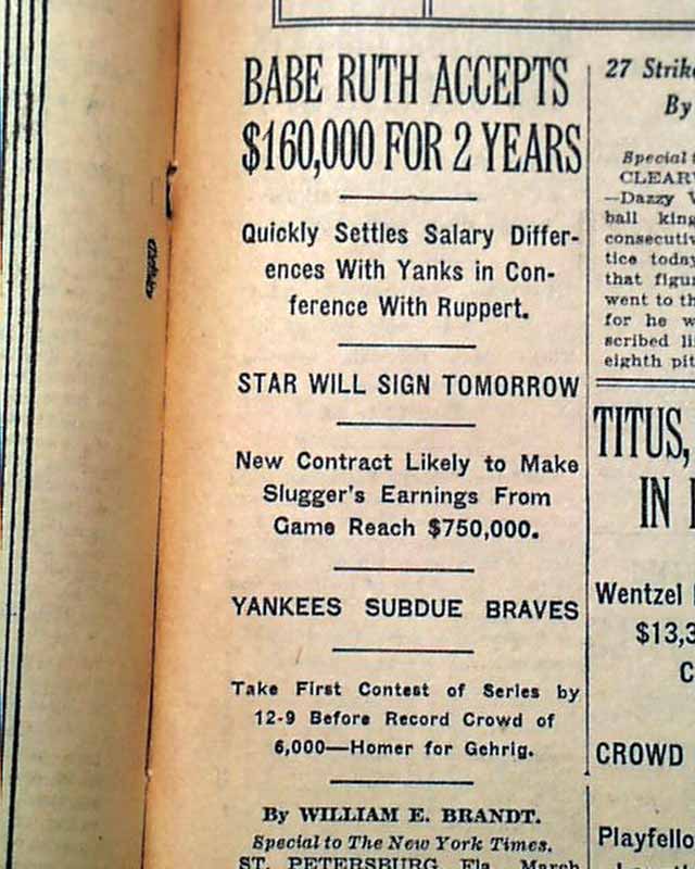 Babe Ruth Accepts Contract In 1930 RareNewspapers