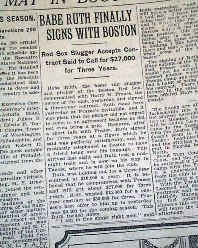 1919 Babe Ruth S Last Contract W Red Sox RareNewspapers