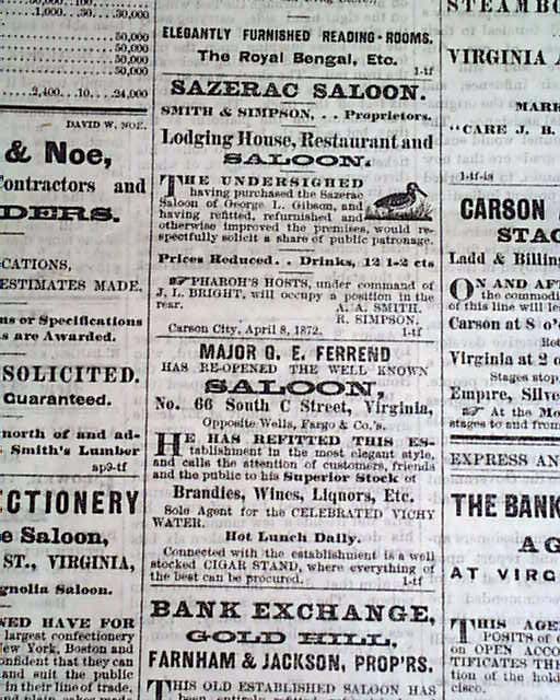 1872 Old West Newspaper From Virginia City NV RareNewspapers