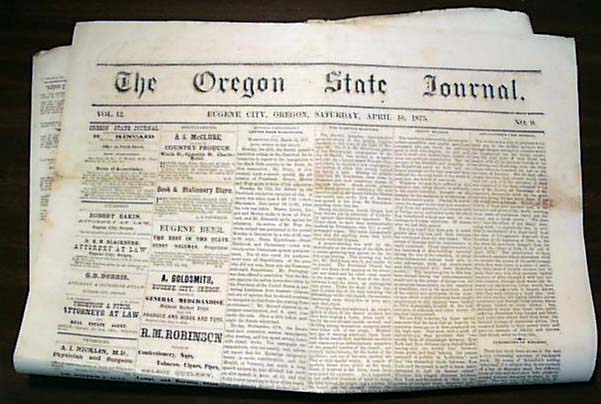 1875 Old West Newspaper From EUGENE CITY OR RareNewspapers