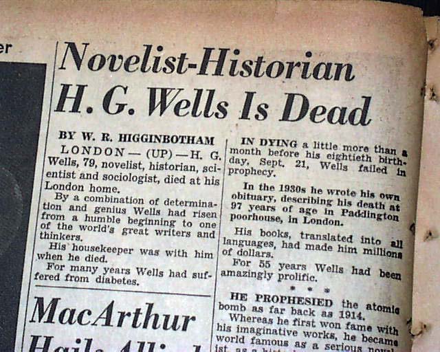 Death of H. G. Wells... Writer of novel "War of the Worlds"...