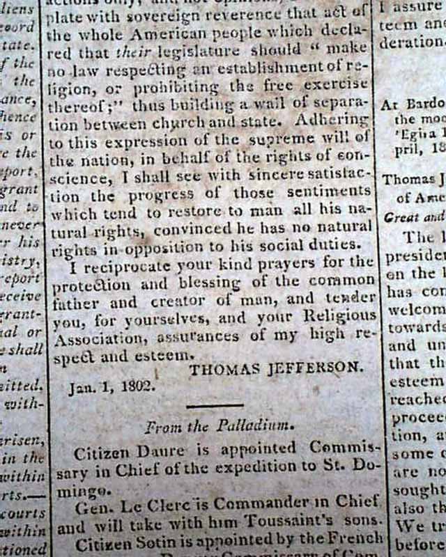 Letter to the Danbury Baptists (1 Jan 1802) - Jefferson, Thomas