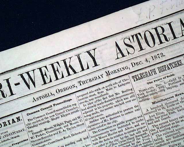 1873 Old West Newspaper From ASTORIA OR...