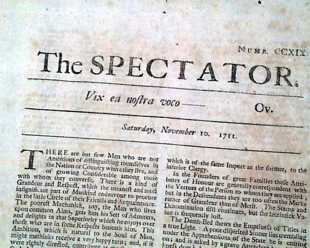 Spectator Newspaper... Famed ADDISON & STEELE .....