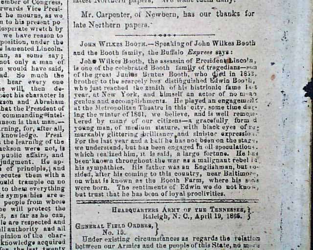 A Southern Newspaper On The Assassination Of Abraham Lincoln ...