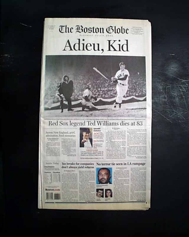 2002 Boston Globe BOSTON RED SOX Ted WILLIAMS Dies 1918-2002 Adieu Kid SPLENDID 