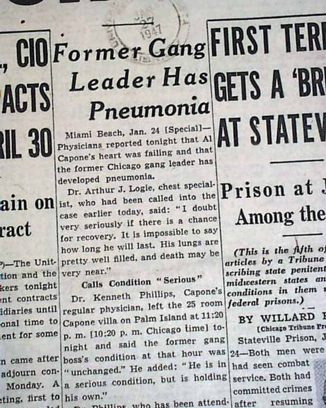 Day of Al Capone's death in the Chicago Tribune...... - RareNewspapers.com