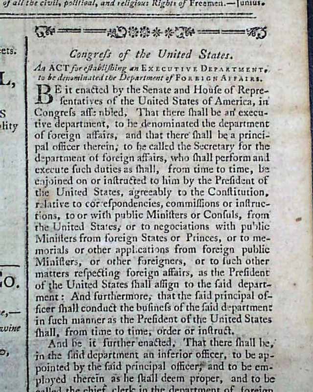 The Department of State is created in 1789...