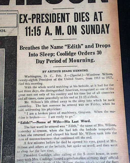 WOODROW WILSON 28th President Democrat DEATH Progressive Movement 1924 ...