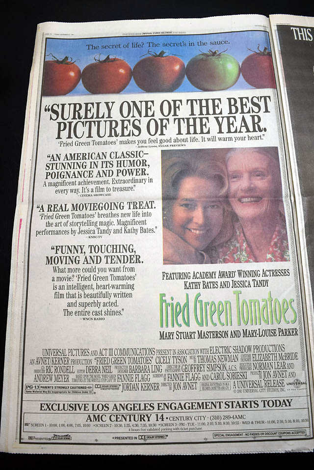 Review & premiere of "Fried Green Tomatoes", in a Los Angeles newspaper...