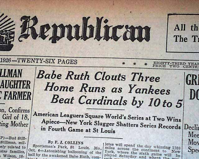 October 6, 1926: Babe Ruth becomes first player to hit three homers in  World Series game – Society for American Baseball Research