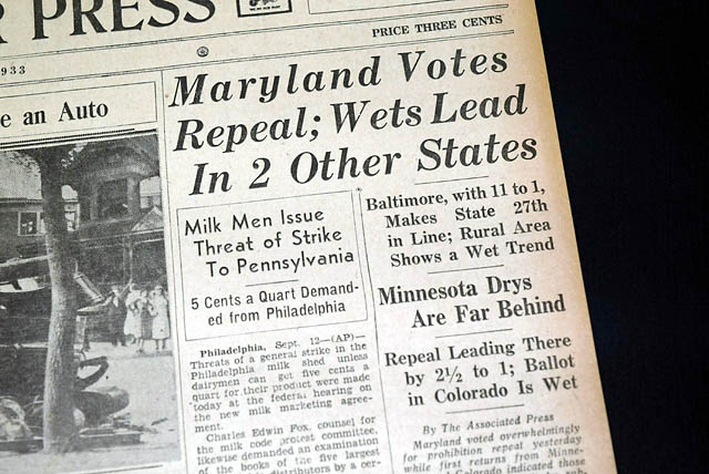 Ratification of the repeal of prohibition in 1933 Maryland...