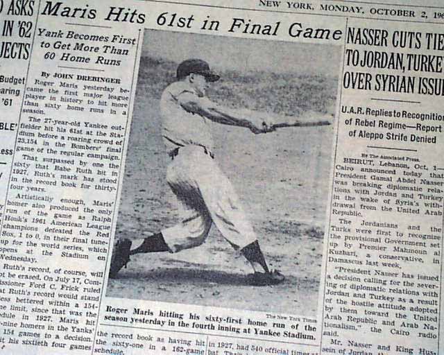 Lot Detail - 1961 Roger Maris Hits 61st Home Run Newpaper