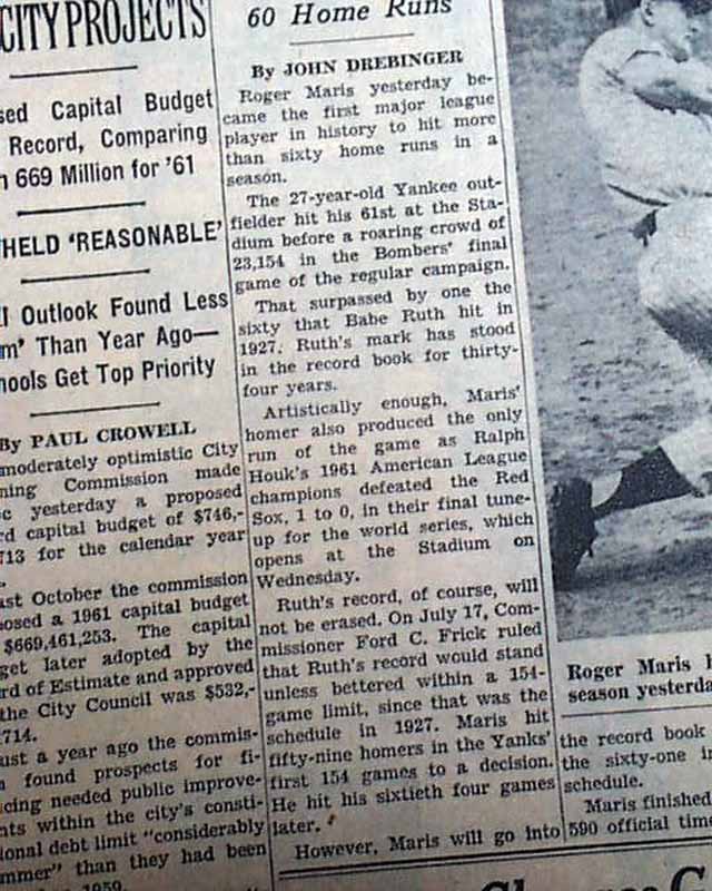 Lot Detail - 1961 Roger Maris Hits 61st Home Run Newpaper