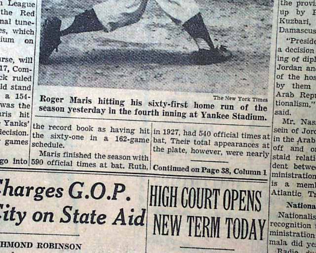 Yankee Stadium, Bronx, NY, October 1, 1961 – Roger Maris takes curtain call  after breaking Ruth's home run record