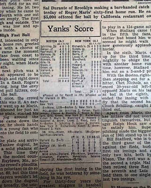 October 1, 1961: Roger Maris surpasses Babe Ruth with 61st home run –  Society for American Baseball Research