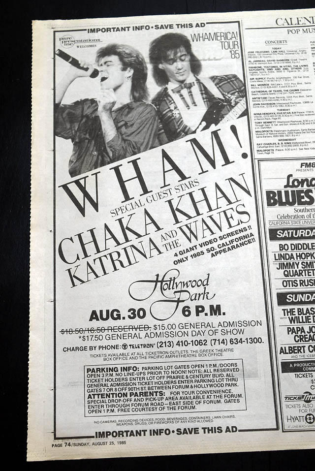 1985  "WHAM!" live L.A. concert advertisement...