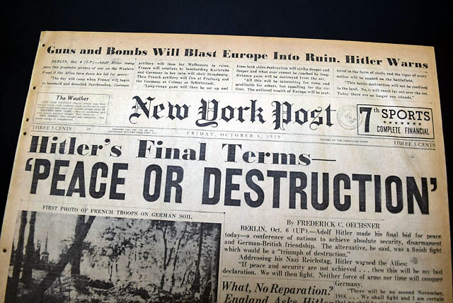NEW YORK POST, Oct. 6, 1939&nbsp;* Adolf Hitler's speech to the...