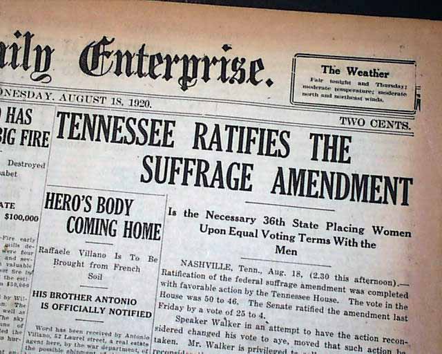 Suffrage wins in Tennessee... 19th amendment is ratified... - RareNewspapers.com