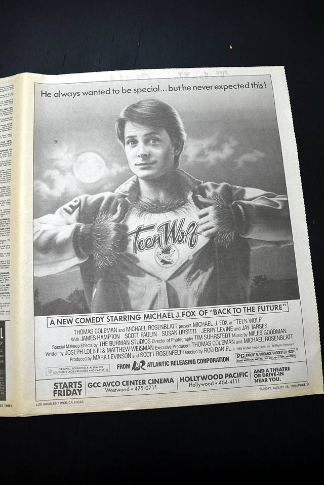 1985 opening day premiere of "Teen Wolf" film advertisement...