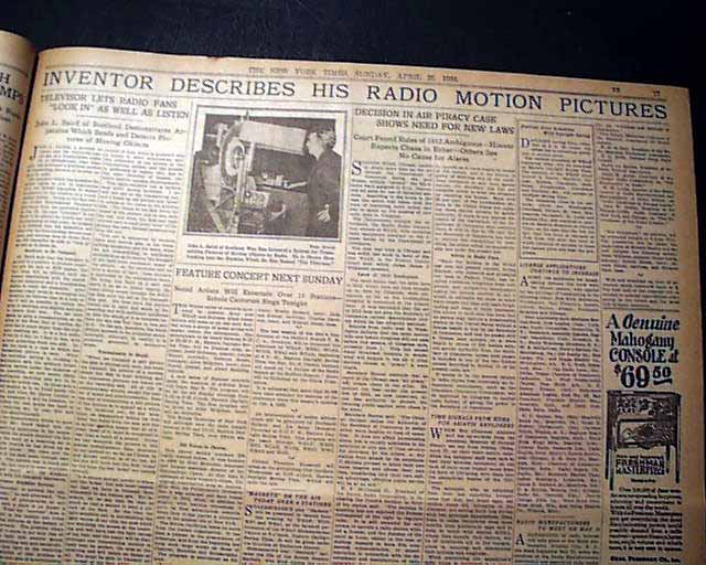 Details About Early Television Tv John Logie Baird Televisor Invention W Photo 1926 Newspaper - 