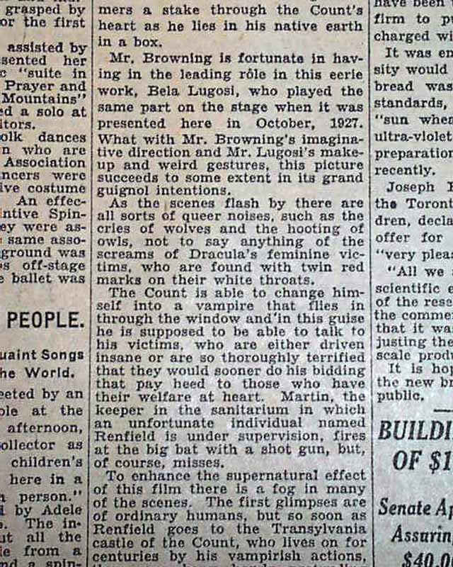 1931 Dracula opening day review.... - RareNewspapers.com