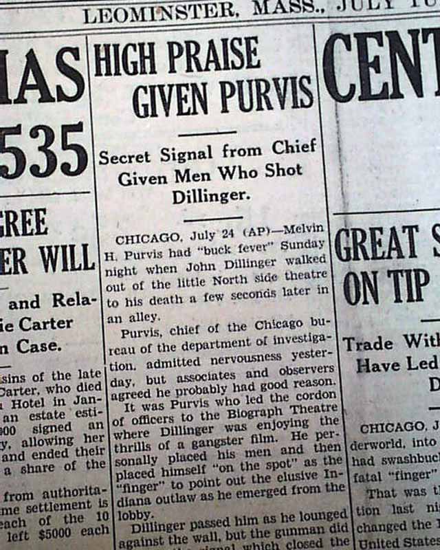 John Dillinger shot dead... Melvin Purvis... - RareNewspapers.com