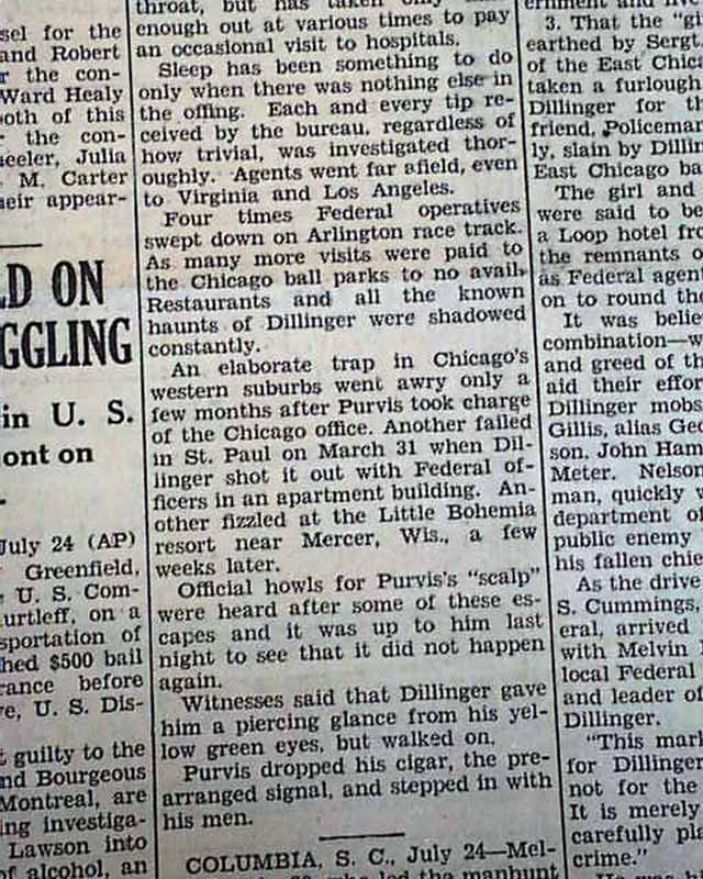 John Dillinger shot dead... Melvin Purvis... - RareNewspapers.com