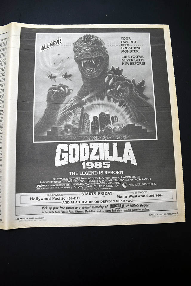 1985 opening day premiere "Godzilla 1985" film L.A. advertisement...