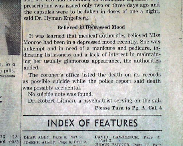 Los Angeles Times - Marilyn Monroe died 51 years ago, on August 5, 1962.  Here's the following day's L.A. Times front page. You can see it in a  larger format here