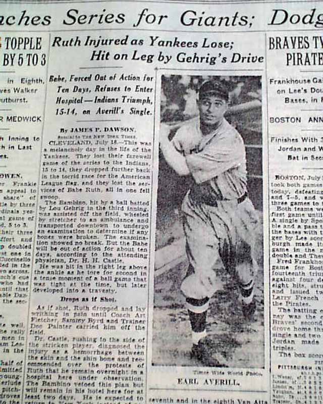 Babe Ruth injured in 1934 by Lou Gehrig... - RareNewspapers.com