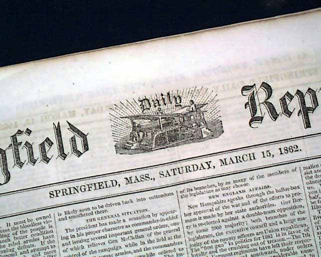 1862 Springfield Massachusetts Newspaper....