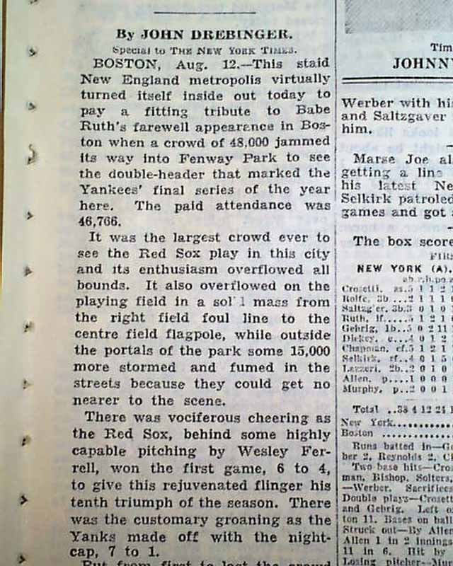 Babe Ruth Fenway Printable Babe Ruth's farewell to Fenway Park... - RareNewspapers.com