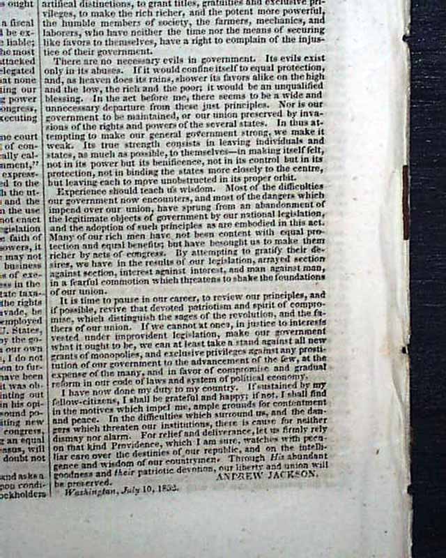Andrew Jackson vetoes the re-charter of the Bank of the United States ...