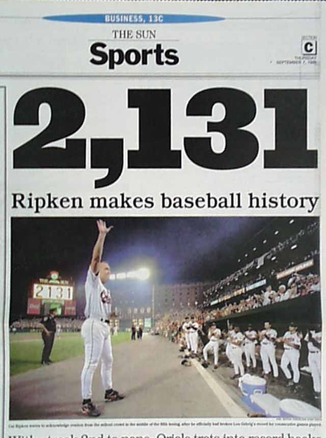 ESPN on X: 19 years ago today, the number 2,131 became legendary as Cal  Ripken Jr. broke Lou Gehrig's consecutive games record.   / X