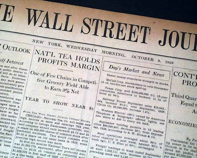 Rare ORIGINAL 1929 WALL STREET JOURNAL newspaper from Year of STOCK MARKET CRASH 