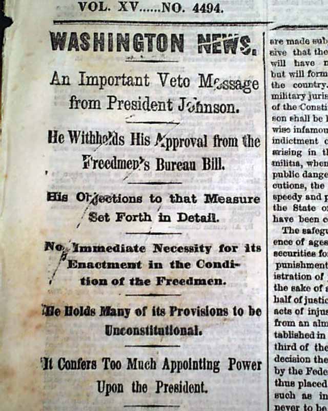 Veto Of The Freedmen s Bureau Bill RareNewspapers