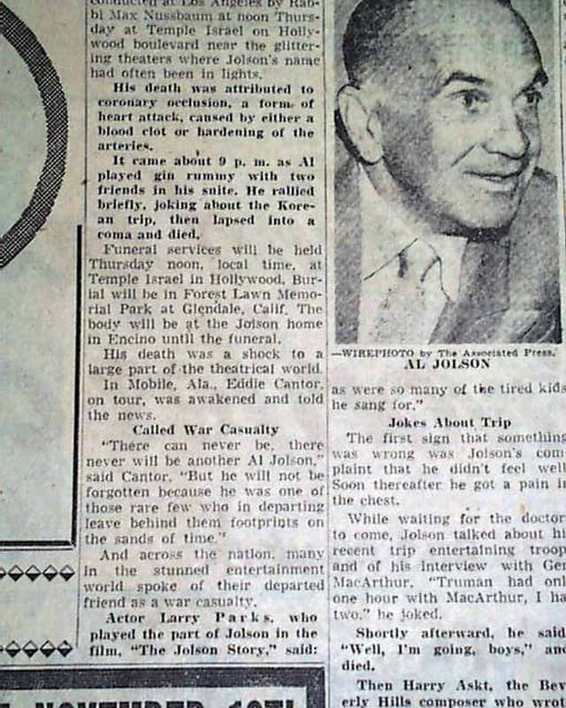 Al Jolson death in 1950.... - RareNewspapers.com