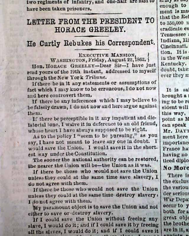 Famous Letter From Lincoln To Greeley Rarenewspapers Com