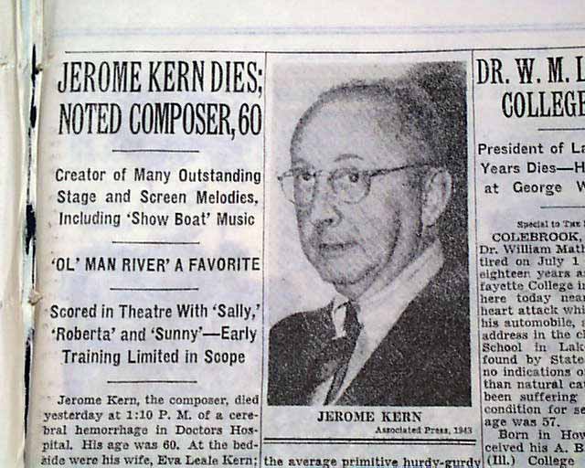 Jerome Kern Death in 1945... - RareNewspapers.com