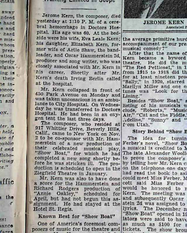 Jerome Kern Death in 1945... - RareNewspapers.com