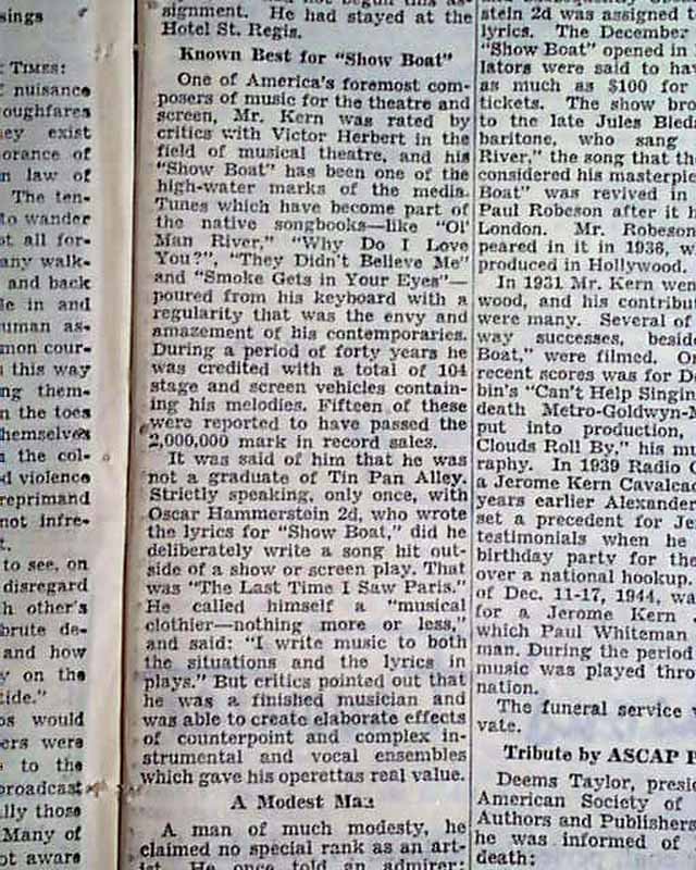 Jerome Kern Death in 1945... - RareNewspapers.com