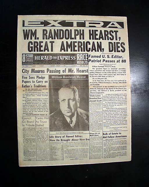Death of William Randolph Hearst, in one of his newspapers...