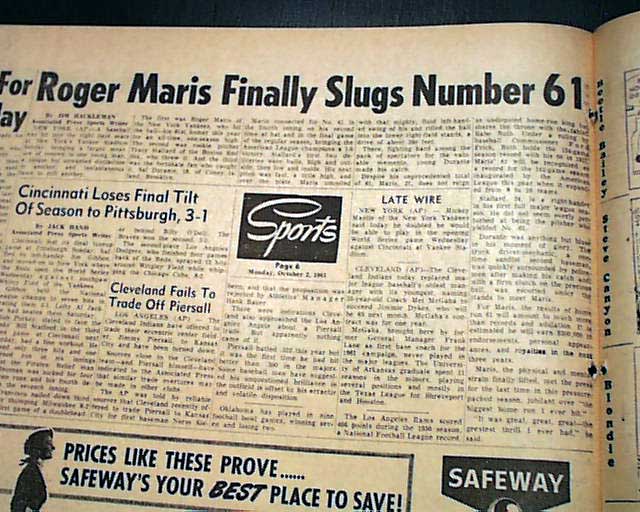 1961 ROGER MARIS Daily News Print Roger Maris Home Run 61 