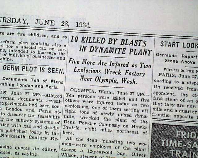 1934 Hawks Prairie, Washington explosion disaster...