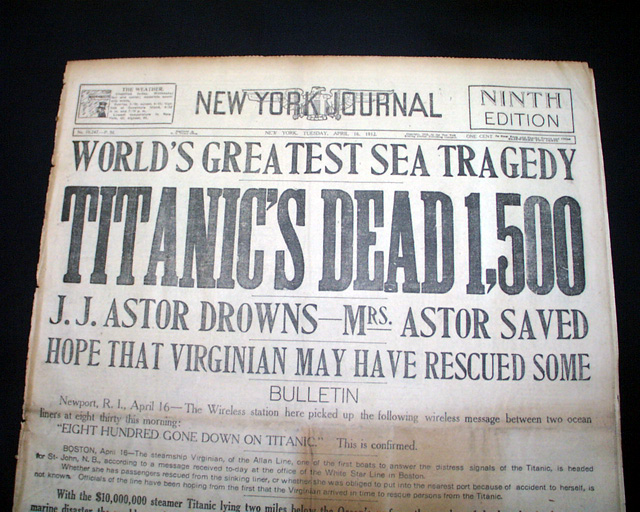 Very dramatic headline on the sinking of the Titanic...