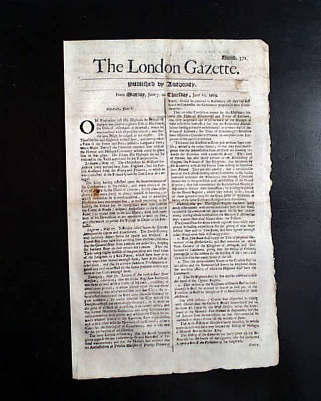 Genuine London Gazette newspaper from 1669...