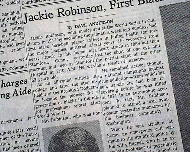 Death of jackie robinson 1st african american to play mlb 1st be